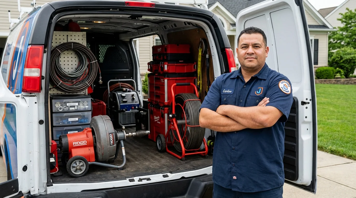 Professional drain cleaning equipment and Johns Plumbing LLC plumber in Buckland