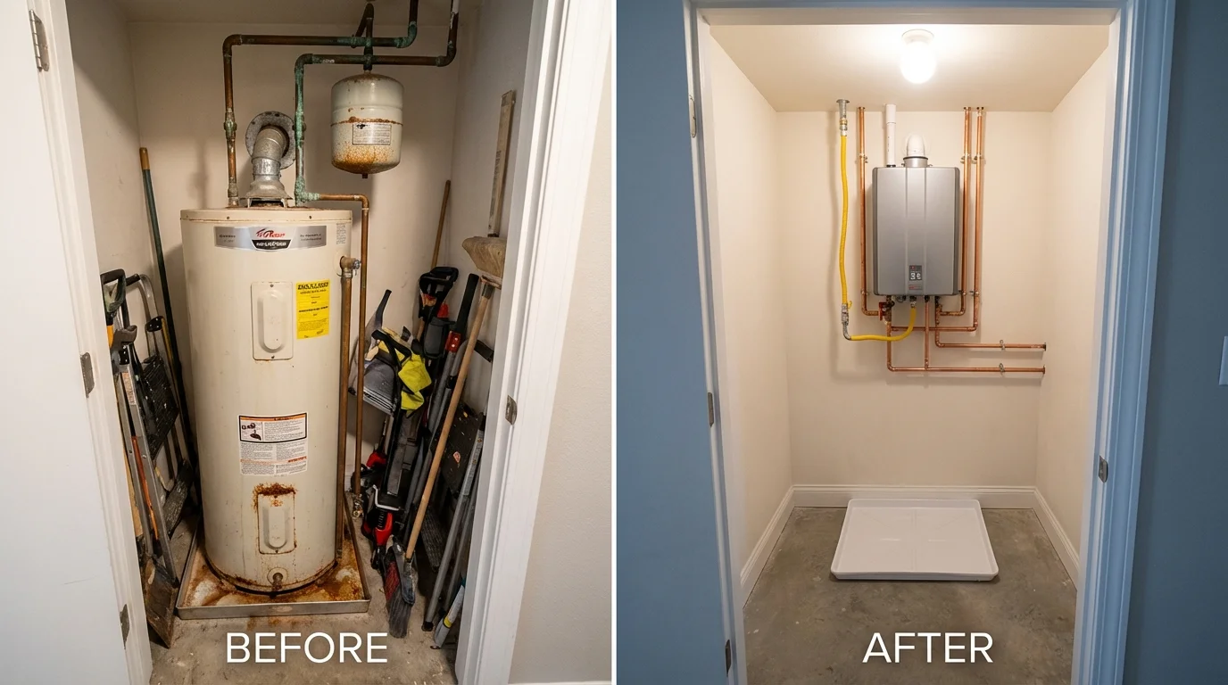Tank water heater versus wall-mounted tankless unit comparison for Buckland, MA homeowners
