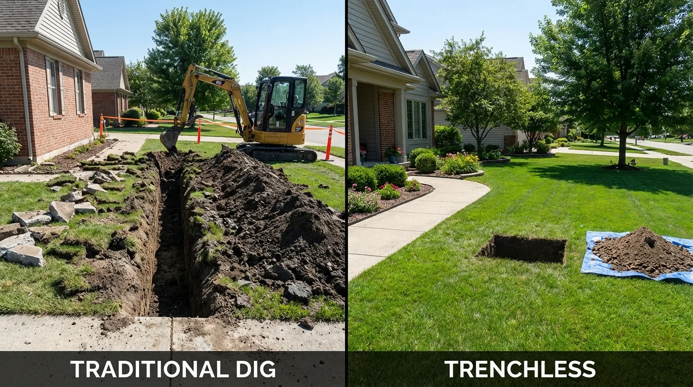 Trenchless sewer repair with minimal yard damage versus traditional excavation in Buckland, MA